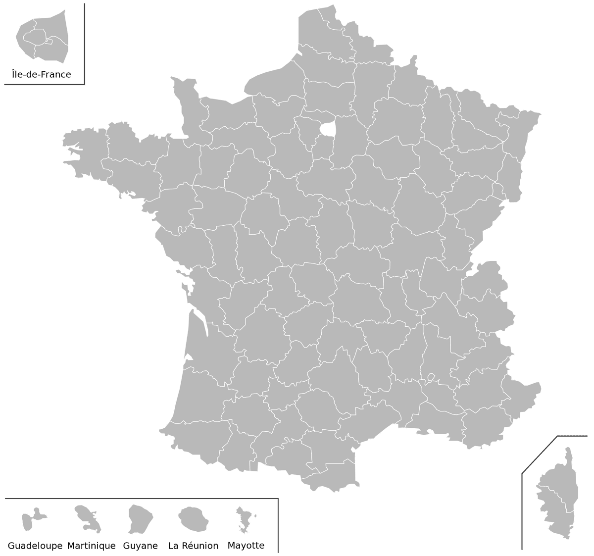 Carte de France avec emplacement des départements en grand format