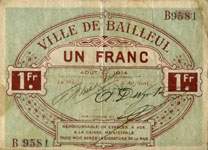 Bailleul - Ville de Bailleul - Ao�t 1914 - 1 franc -  s�rie B