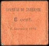 Bon de n�cessit� de la Commune de Barbaste - 5 novembre 1916 - 5 centimes - face