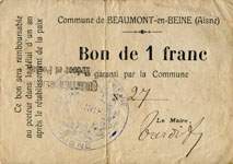Bon de nécessité - Commune de Beaumont-en-Beine - 1 franc