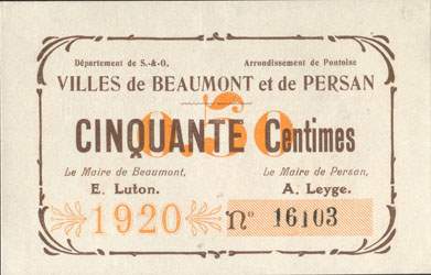 Billet des Villes de Beaumont et de Persan - 1920 - Cinquante centimes / 50&nbsp;centimes n� 35095 - face