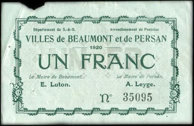 Billet des Villes de Beaumont et de Persan - 1920 - Un franc / 1&nbsp;franc n� 35095 - face