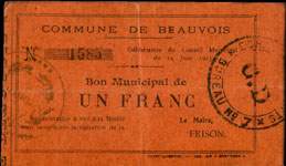 Bon de nécessité - Commune de Beauvois - 1 franc