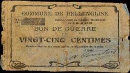 Bon de n�cessit� - Commune de Bellenglise - Bon de guerre de 25 centimes - face