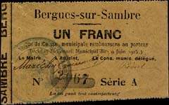 Bon de nécessité - Bergues-sur-Sambre - 1 franc - décision du Conseil Municipal du 9 juin 1915