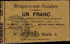 Bon de n�cessit� - Bergues-sur-Sambre - 1 franc - d�cision du Conseil Municipal du 9 juin 1915