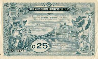 Bon de 0,25 franc - S�rie B - N� 14585 - Union des Commer�ants de B�ziers (H�rault - 34) - face