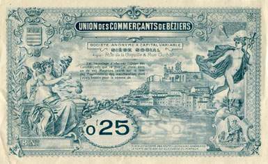 Bon de 0,25 franc - S�rie B - N� 14585 - Union des Commer�ants de B�ziers (H�rault - 34) - dos