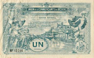 Bon de UN franc - S�rie B - N� 12716 - Union des Commer�ants de B�ziers (H�rault - 34) - face