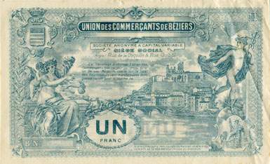 Bon de UN franc - S�rie B - N� 12716 - Union des Commer�ants de B�ziers (H�rault - 34) - dos