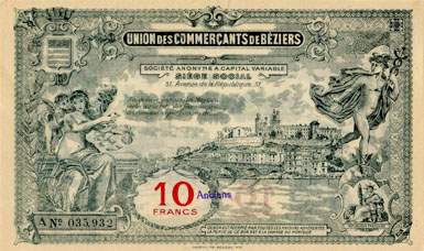Bon de 10 francs - S�rie A - N� 035,932 - Union des Commer�ants de B�ziers (H�rault - 34) - face