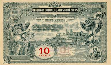 Bon de 10 francs - S�rie A - N� 035,932 - Union des Commer�ants de B�ziers (H�rault - 34) - dos