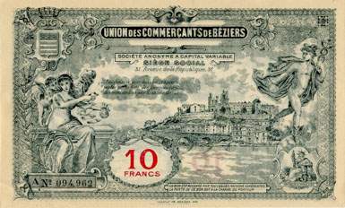Bon de 10 francs - S�rie A - N� 094,962 - Union des Commer�ants de B�ziers (H�rault - 34) - face