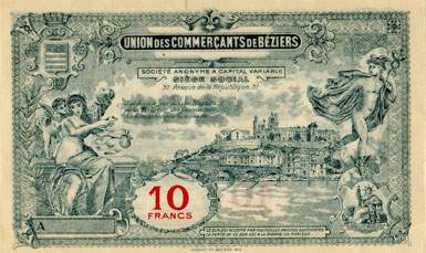Bon de 10 francs - S�rie A - N� 094,962 - Union des Commer�ants de B�ziers (H�rault - 34) - dos