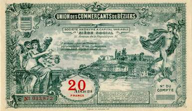 Bon de 20 francs - S�rie C - N� 013,872 - Union des Commer�ants de B�ziers (H�rault - 34) - face