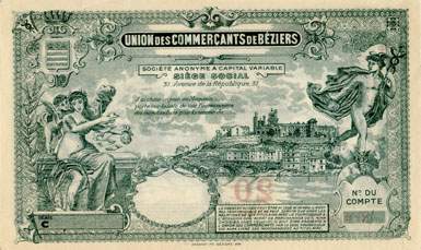 Bon de 20 francs - S�rie C - N� 013,872 - Union des Commer�ants de B�ziers (H�rault - 34) - dos