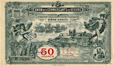 Bon de 50 francs - S�rie C - N� 70,283 - Union des Commer�ants de B�ziers (H�rault - 34) - face