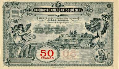 Bon de 50 francs - S�rie C - N� 70,283 - Union des Commer�ants de B�ziers (H�rault - 34) - dos