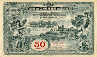 Bon de 50 francs - S�rie C - N� 71,502 - Union des Commer�ants de B�ziers (H�rault - 34) - face