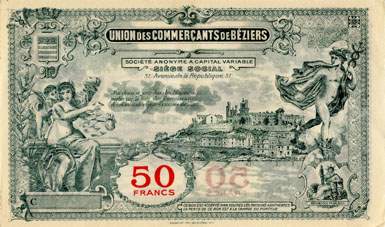 Bon de 50 francs - S�rie C - N� 71,502 - Union des Commer�ants de B�ziers (H�rault - 34) - dos