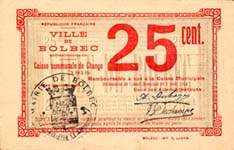 Bon de nécessité - Caisse Communale de Change - Ville de Bolbec - 25 centimes 1915 - Délibération du 4 Août 1914