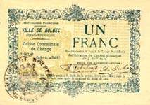 Bon de nécessité - Caisse Communale de Change - Ville de Bolbec - 1 franc 1916 - Délibération du 4 Août 1914