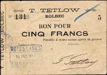 Bon de nécessité - T.Tetlow - Bolbec - Daté 14 août 1914 - 5 francs