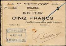 Bon de nécessité - T.Tetlow - Bolbec - Daté 8 août 1914 - 5 francs