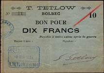 Bon de nécessité - T.Tetlow - Bolbec - Daté 8 août 1914 - 10 francs