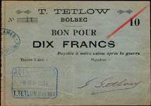 Bon de n�cessit� - T.Tetlow - Bolbec - Dat� 8 ao�t 1914 - 10 francs