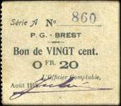 Bon de n�cessit� de Brest - P.G. (Prisonniers de Guerre) - Ao�t 1918 - S�rie A - n� 860 - 20 centimes - face