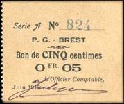 Bon de n�cessit� de Brest - P.G. (Prisonniers de Guerre) - Juin 1917 - S�rie A - n� 824 - 5 centimes - face