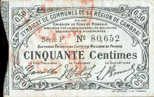 Bon de n�cessit� du Syndicat de Communes de la R�gion de Cambrai - Quatri�me �mission- s�rie F - 50 centimes - face