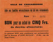 Bon de nécessité de Carcassonne - Bureau d'Aide Sociale - Bon pour 5 francs de denrées alimentaires - face