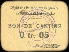 Bon de nécessité de Carcassonne - Dépôt des Prisonniers de Guerre de Carcassonne - Bon de Cantine 0,05 franc - face