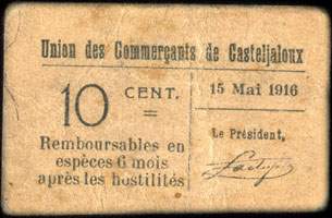 Bon de nécessité de 10 centimes - 15 mai 1916 - type avec petit 10 et petit DE dans le cachet au dos - exemplaire 2 - Union des Commerçants de Casteljaloux (Lot-et-Garonne - département 47)