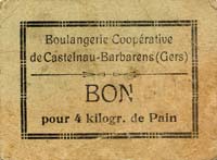 Bon de nécessité Boulangerie Coopérative de Castelnau-Barbarens - 1er janvier 194(3?) - 4 kg de pain - face