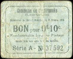 Bon de n�cessit� de la Commune de Castillonn�s (Lot-et-Garonne - d�partement 47) - D�lib�ration du Conseil Municipal du 8 Octobre 1916 - S�rie A - Bon pour 10 centimes - face