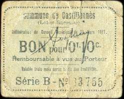 Bon de n�cessit� de la Commune de Castillonn�s (Lot-et-Garonne - d�partement 47) - D�lib�ration du Conseil Municipal du 11 Mars 1917 - S�rie B - Bon pour 10 centimes - face