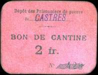 Bon de n�cessit� du D�p�t de Prisonniers de Guerre de Castres - Bon de cantine de 2 francs
