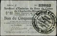 Bon de 50 centimes - Série J - numéro 19003 du Syndicat d'émission des Bons de Caisse constitué le 11 mars 1916 - 51 communes - face