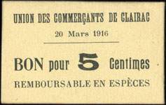 Bon de n�cessit� de 5 centimes - 20 Mars 1916 - Union des Commer�ants de Clairac (Lot-et-Garonne - 47) - face