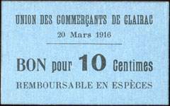 Bon de nécessité de 10 centimes - 20 Mars 1916 - Union des Commerçants de Clairac (Lot-et-Garonne - 47) - face