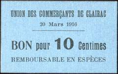 Bon de n�cessit� de 10 centimes - 20 Mars 1916 - Union des Commer�ants de Clairac (Lot-et-Garonne - 47) - face
