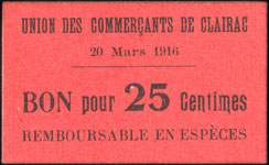 Bon de nécessité de 25 centimes - 20 Mars 1916 - Union des Commerçants de Clairac (Lot-et-Garonne - 47) - face