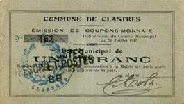 Bon de 1 franc - Commune de Clastres - Emission de coupons-monnaie - Délibération du Conseil Municipal du 30 juillet 1915 - face