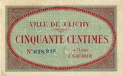 Bon de 50 centimes - num�ro 028,928 - Ville de Clichy - face