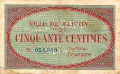 Bon de 50 centimes - num�ro 054,988 - Ville de Clichy - face