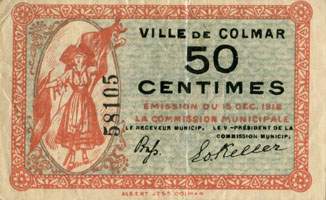 Bon de 50 centimes - N° 58105 - Emission du 15 décembre 1918 - Ville de Colmar - face