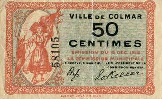 Bon de 50 centimes - N� 58105 - Emission du 15 d�cembre 1918 - Ville de Colmar - face